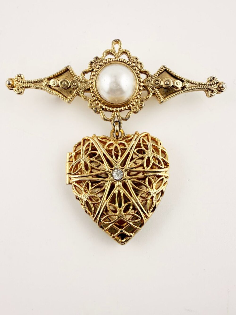 Vintage Victorian Revival Heart Locket Bar Brooch - Gold-tone